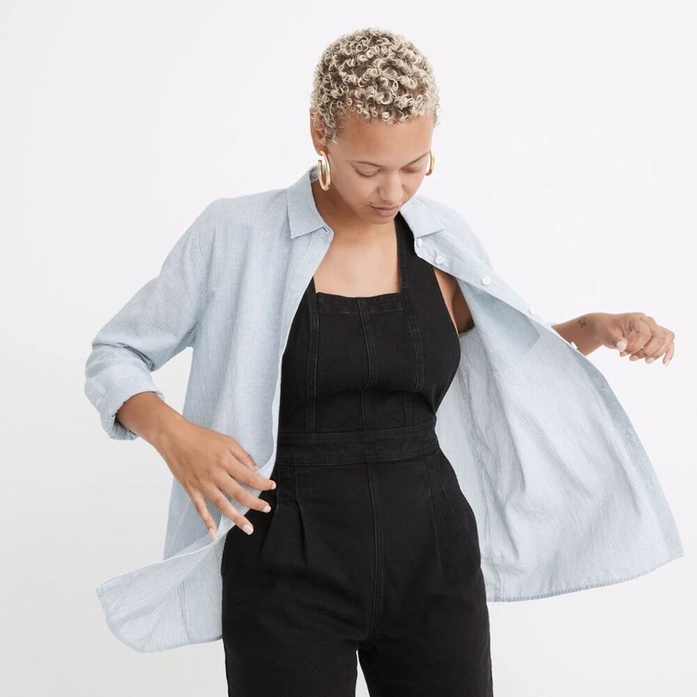 Madewell Oversized Striped Button Down Shirt Cotton Linen Blue White Small $88